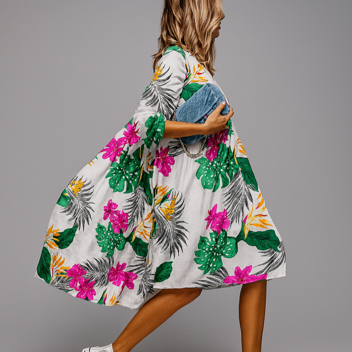 Oversized midi-skjortekjole med blomsterprint