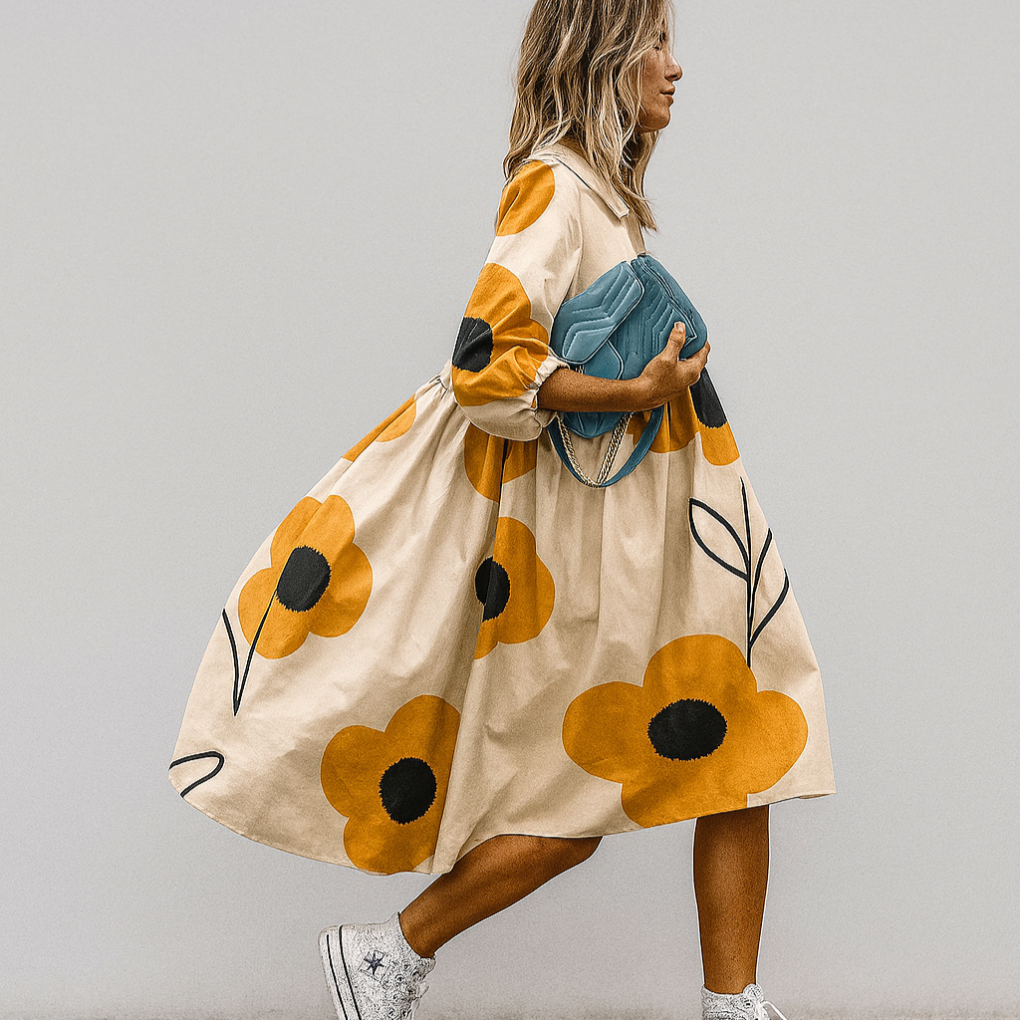 Oversized midi-skjortekjole med blomsterprint