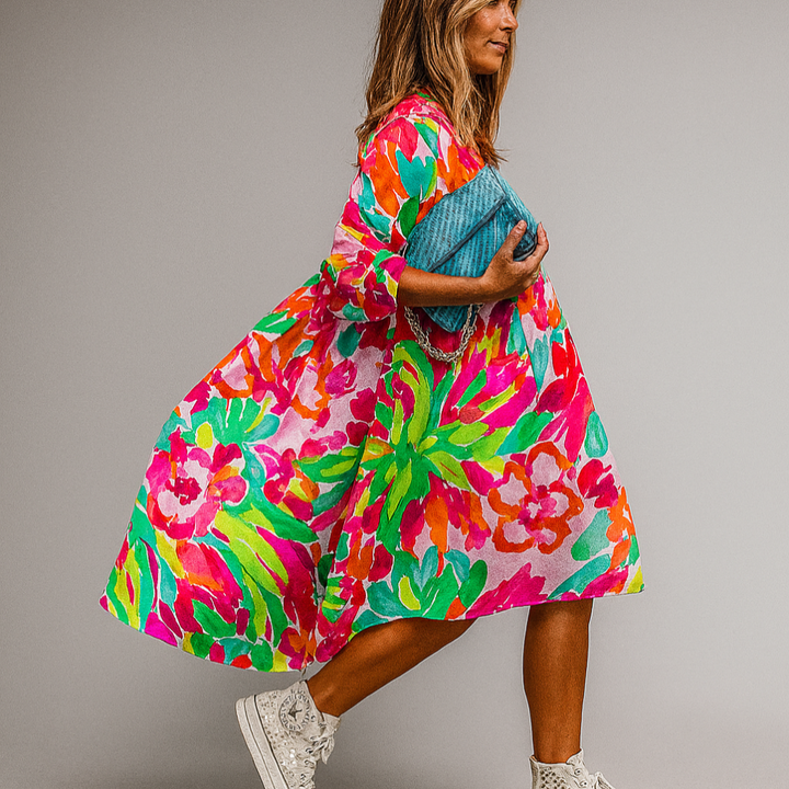 Oversized midi-skjortekjole med blomsterprint