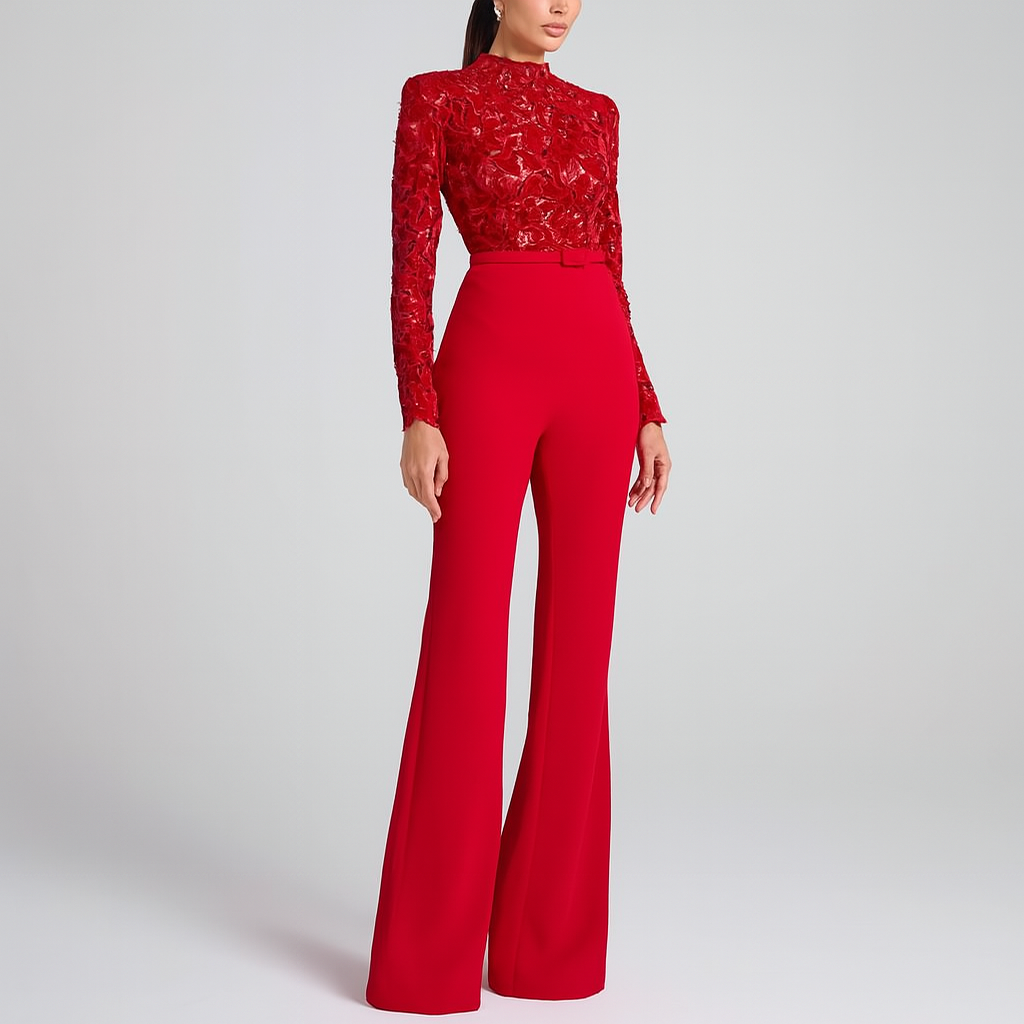 Elegant damejumpsuit med broderet blondetop