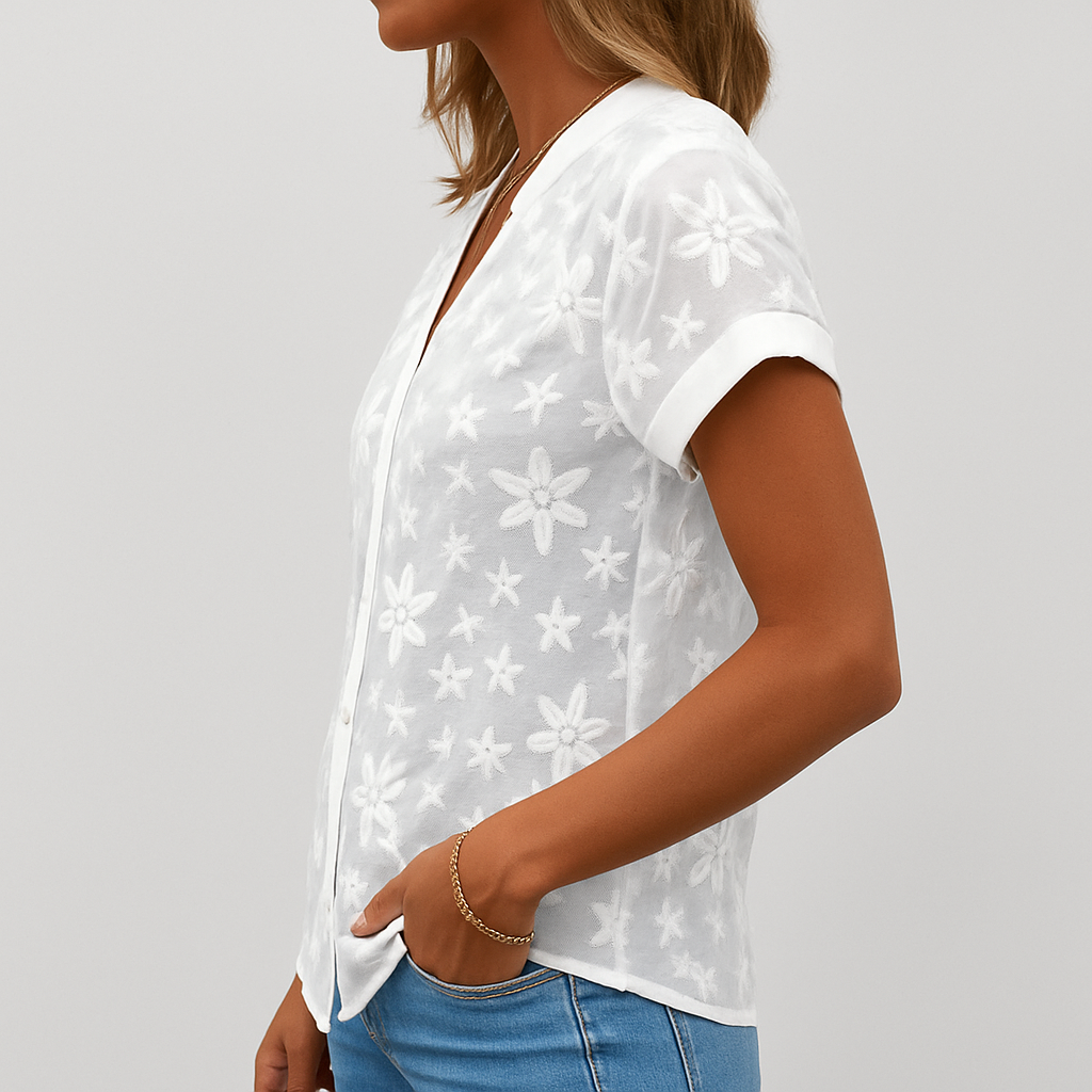 Kortærmet bluse med blomsterprint til kvinder