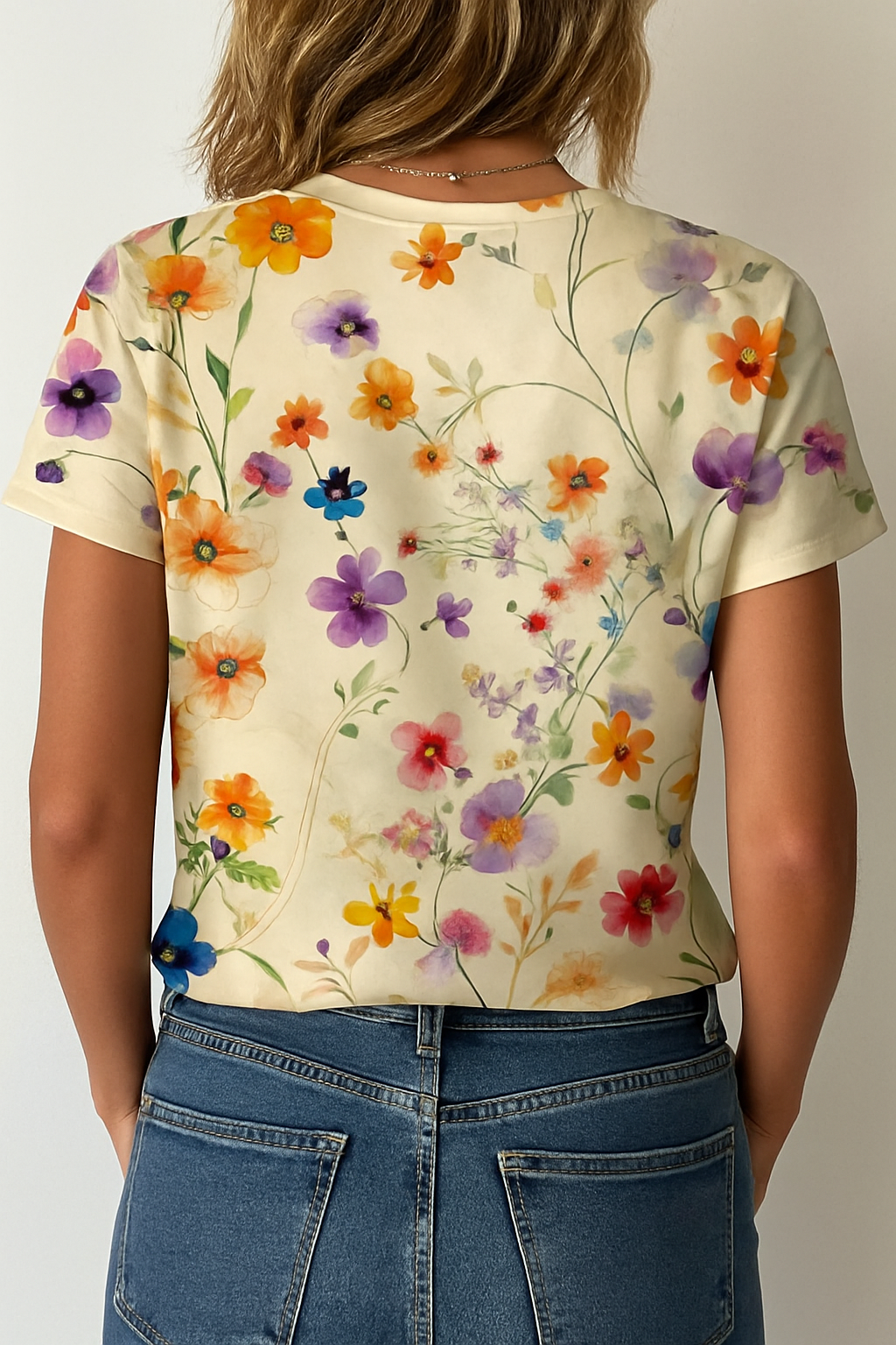 Vintage Blomstret T-shirt med Rund Halsudskæring