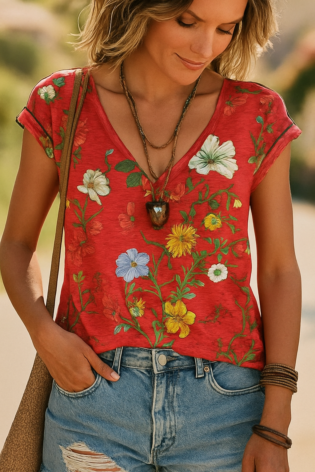 Kvinder's Blomster V-Neck T-Shirt