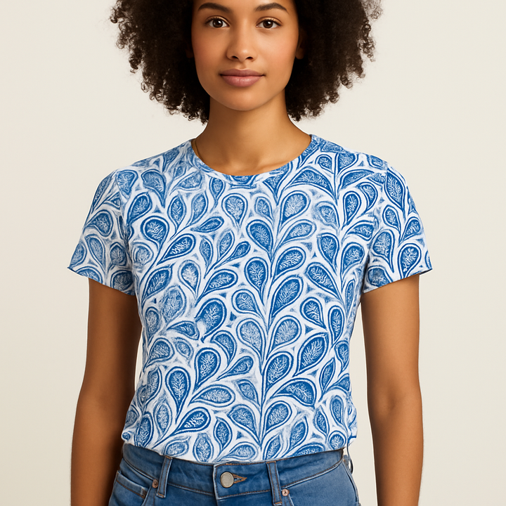 Blå Printet T-shirt med Rund Hals og Korte Ærmer
