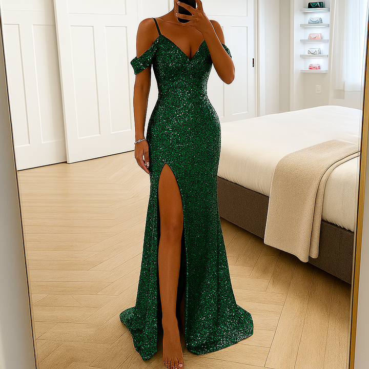 Elegant pailletteret off-shoulder maxikjole