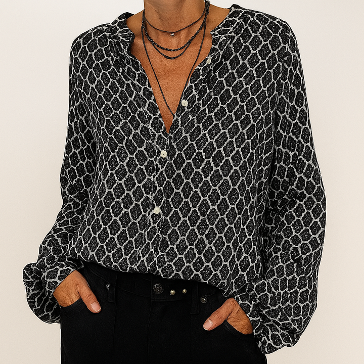 Elegant bluse med V-hals og print