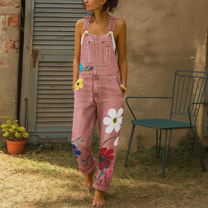 Stilfuld denimheldragt med blomstermønster