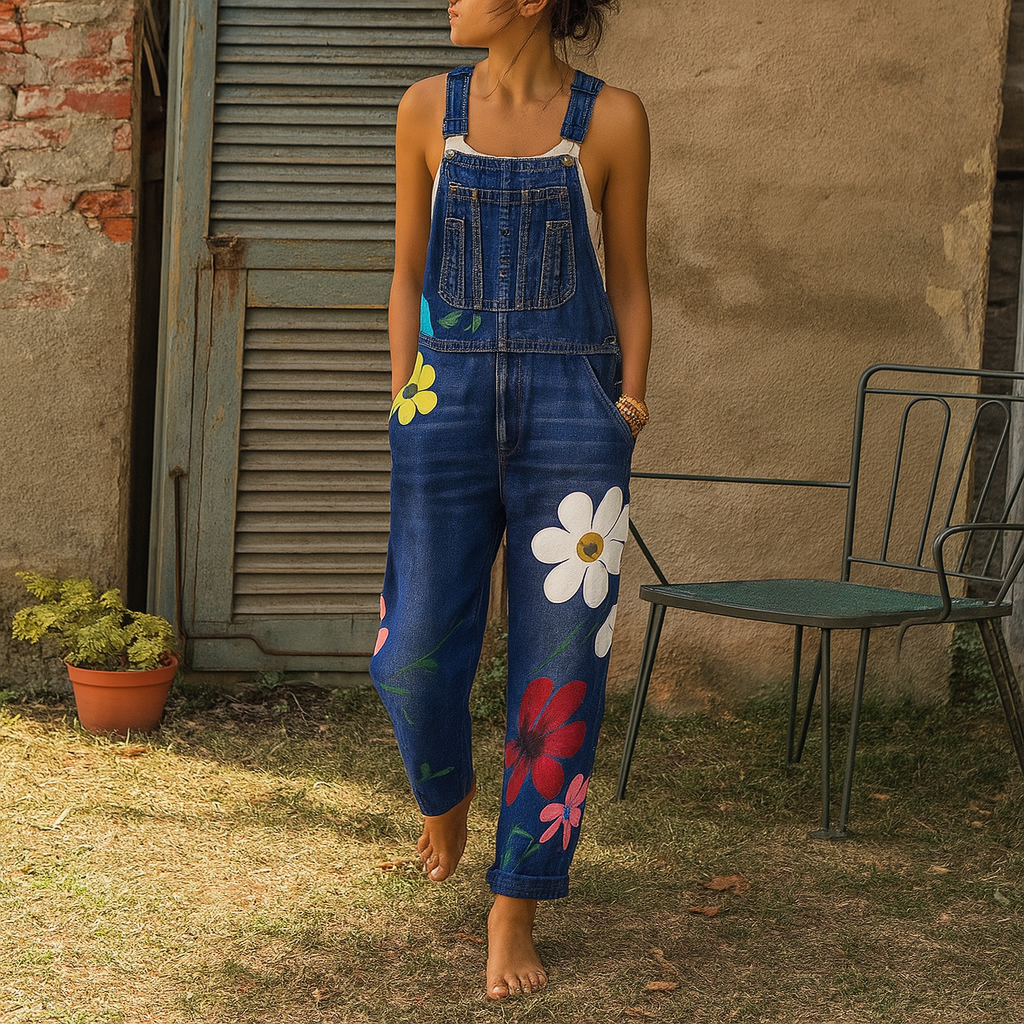 Stilfuld denimheldragt med blomstermønster