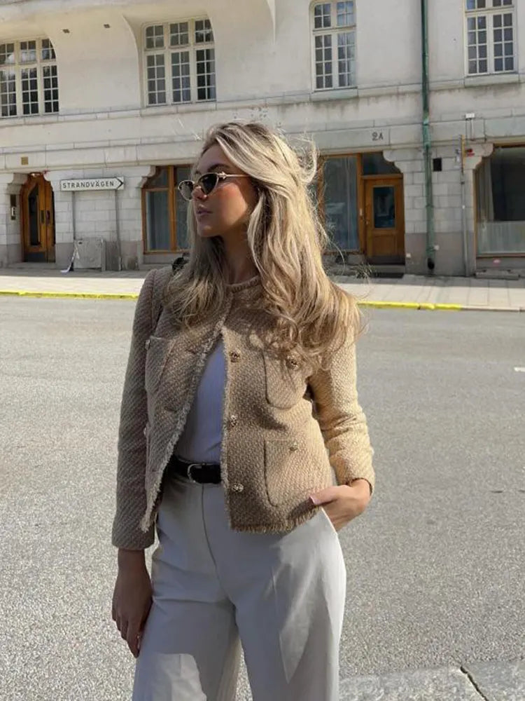 Sara | Elegant Kvinde Camel Tweed Jakke med Krave og Lommer-Modiva