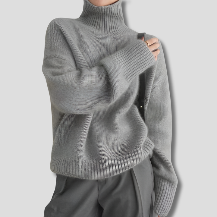 Kvinders tykke kashmir-lignende vintertrøje med høj krave