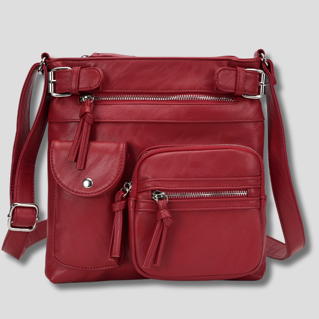 Læder skuldertaske med flere lommer til kvinder