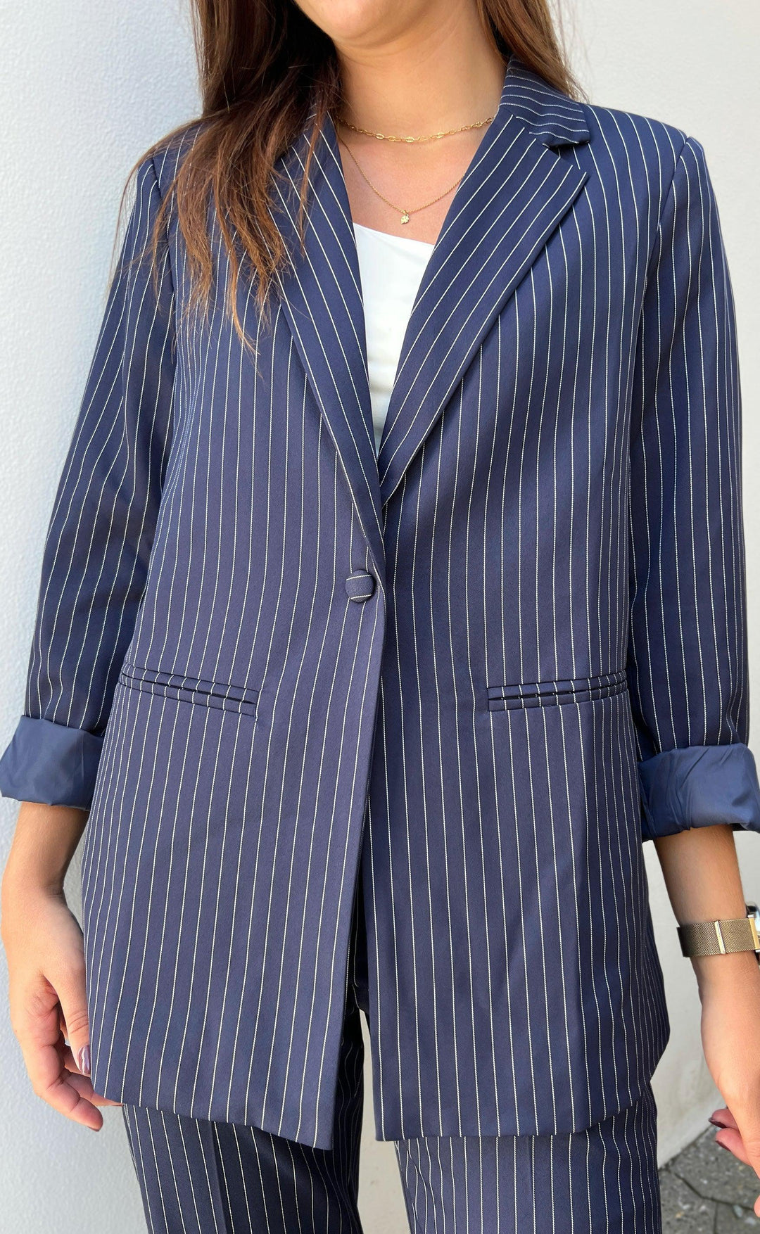 Zoey - Navy Pinstripe Blazer-Modiva