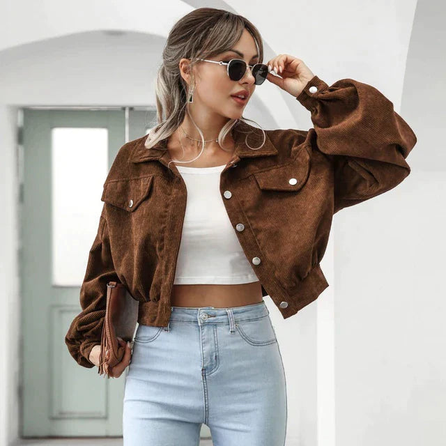 Hanna - Vintage Corduroy Bomber Jakke med Lanterneærmer til Kvinder-Modiva