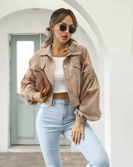Hanna - Vintage Corduroy Bomber Jakke med Lanterneærmer til Kvinder-Modiva
