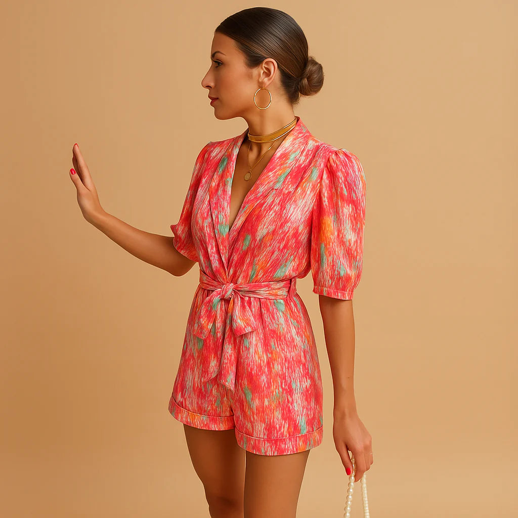 Kort Jumpsuit med Bælte og Livligt Print til Kvinder