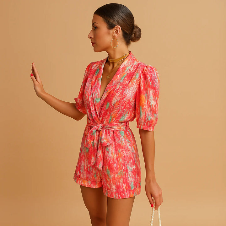Kort Jumpsuit med Bælte og Livligt Print til Kvinder