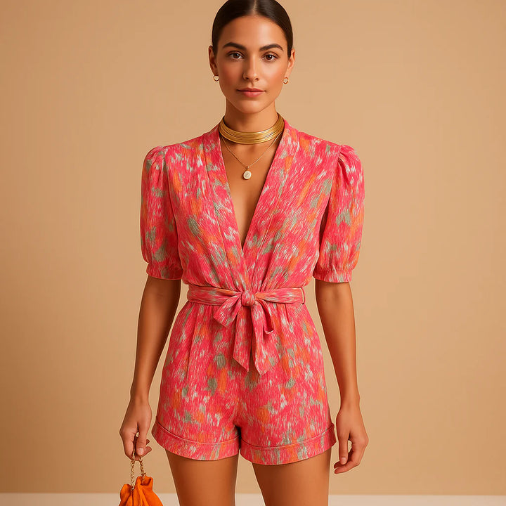 Kort Jumpsuit med Bælte og Livligt Print til Kvinder