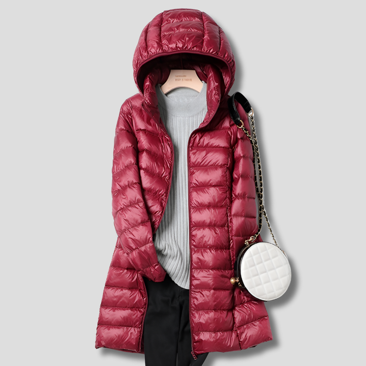 Lang dunjakke med aftagelig hætte til kvinder