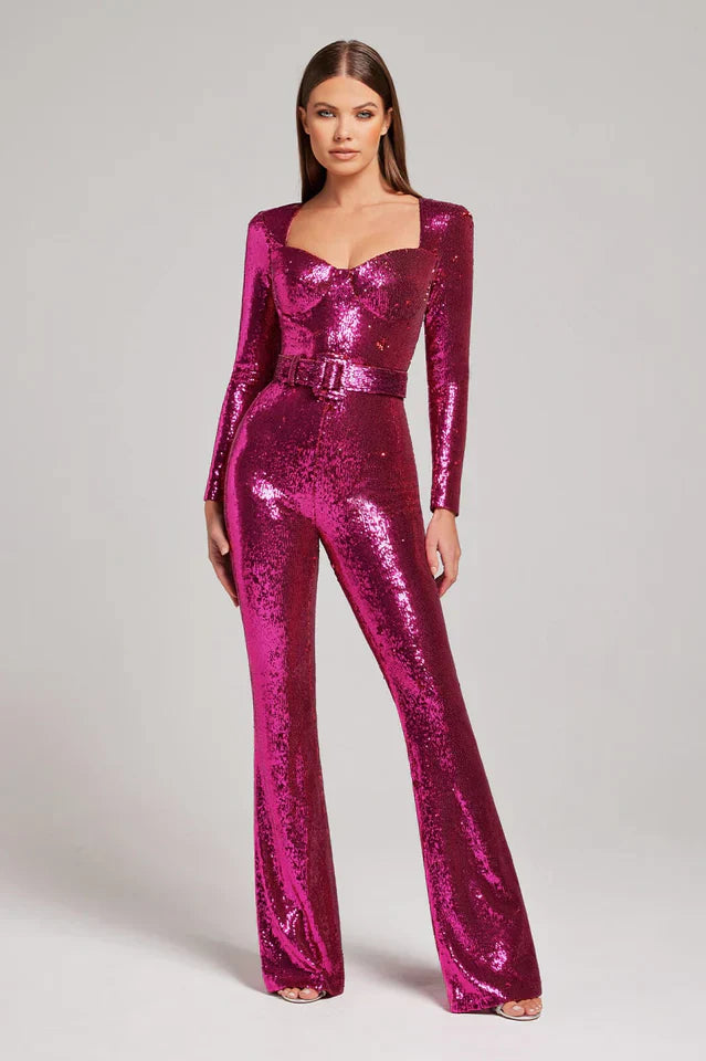 Pailletjumpsuit med korsetdetaljer og vidde ben
