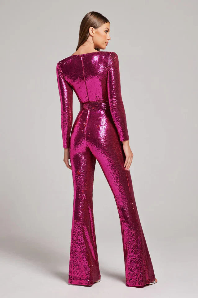 Pailletjumpsuit med korsetdetaljer og vidde ben