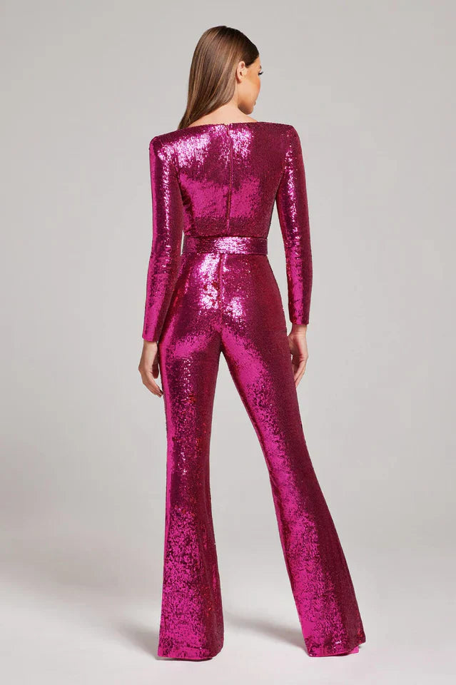 Pailletjumpsuit med korsetdetaljer og vidde ben