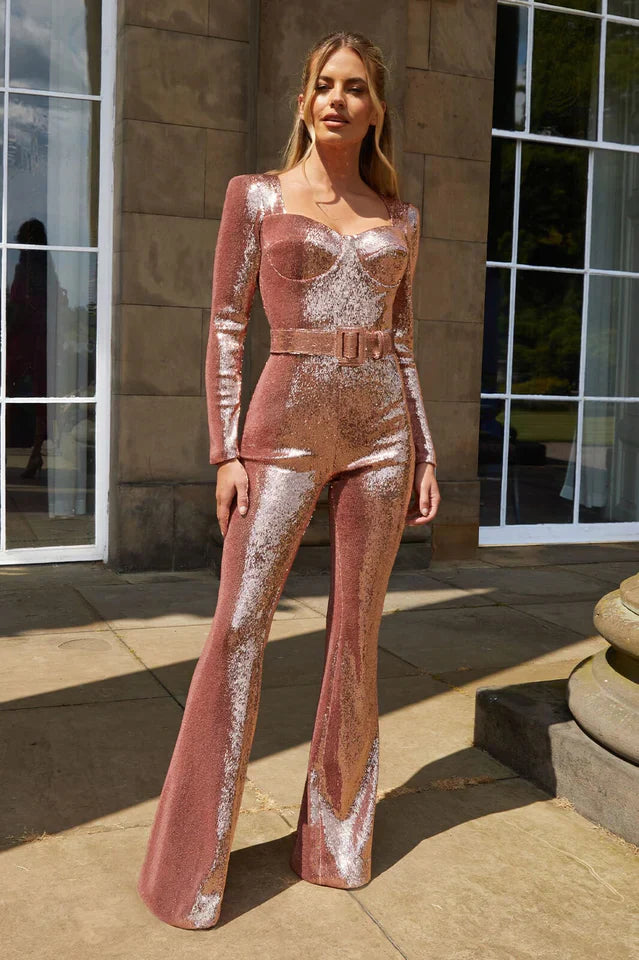 Pailletjumpsuit med korsetdetaljer og vidde ben