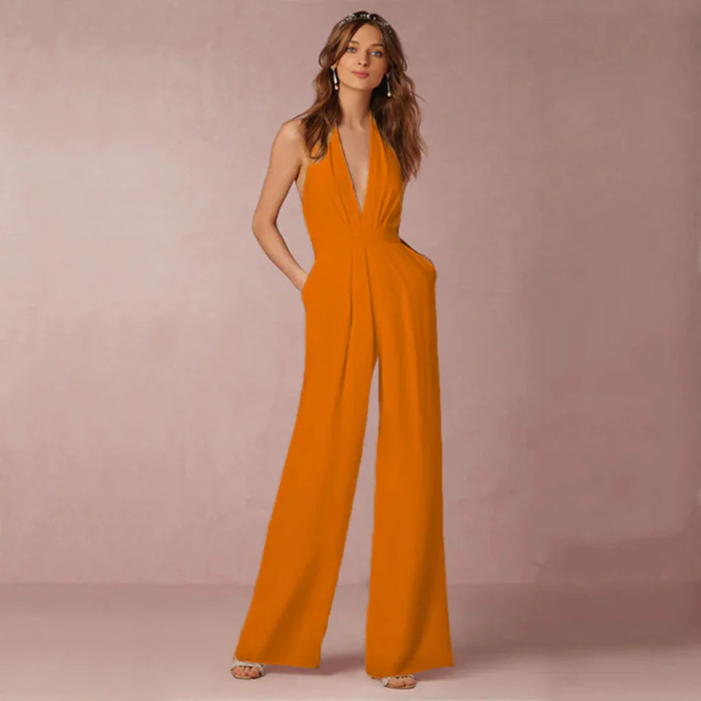 Jumpsuit med dyb V-hals og ryg