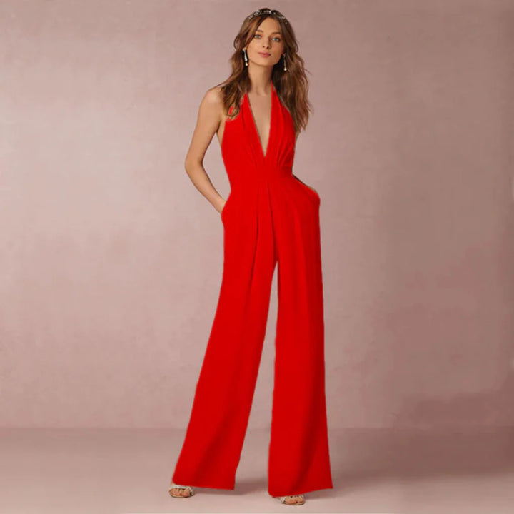 Jumpsuit med dyb V-hals og ryg