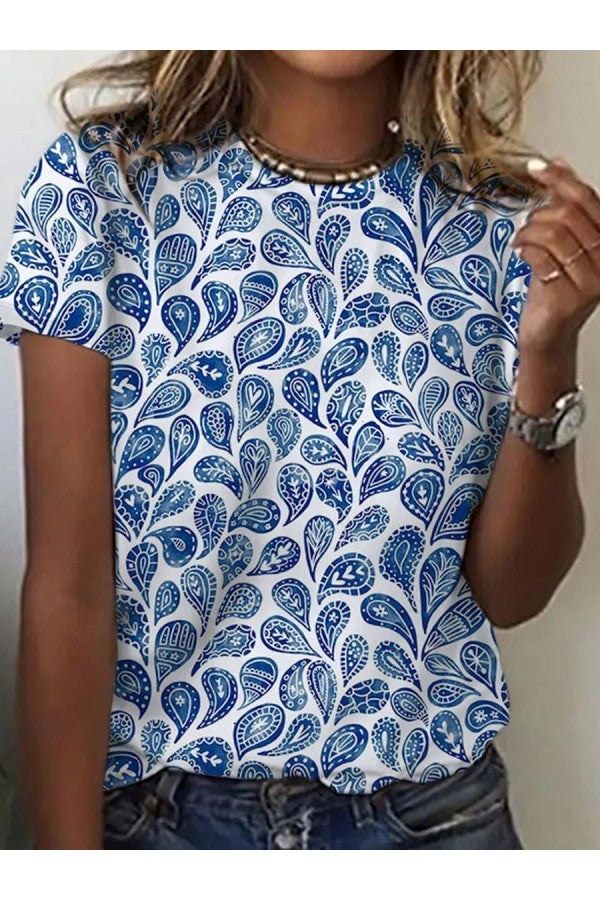 Blå T-shirt med print til kvinder med rund hals