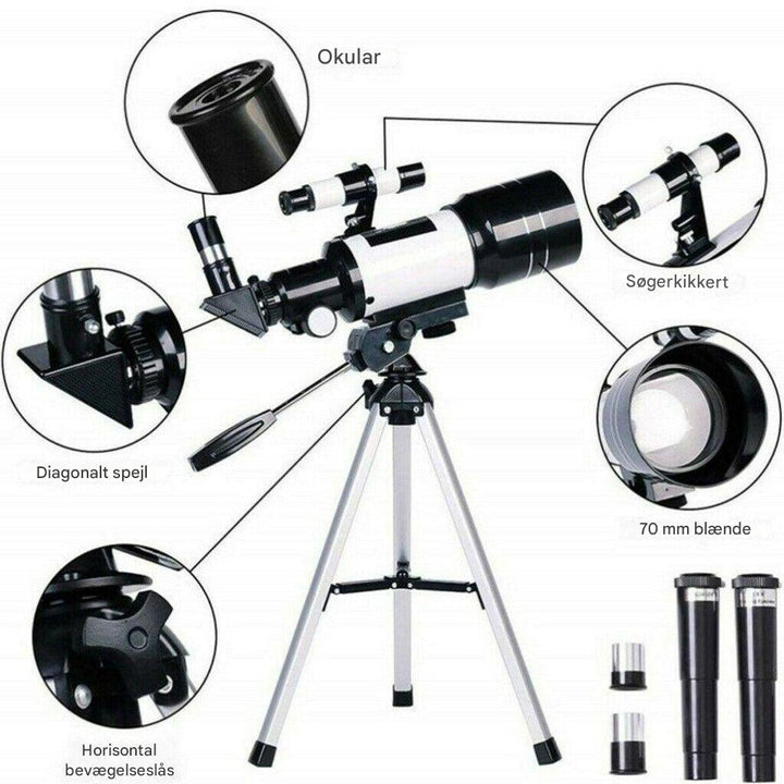 Professionelt 300/70 mm teleskop med stativ og telefonholder
